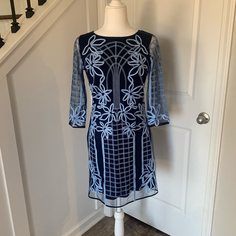 BELLE BADGLEY MISCHKA Women's Navy Blue & Light Blue Sheath Appliqué Dress SZ 2